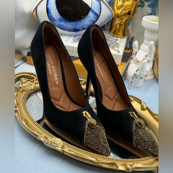 🆕 KURT GEIGER LONDON 🧿 NWOB Zip Court Heel, Black Suede & Gold Crystal Sz 37 7 - Picture 12 of 16